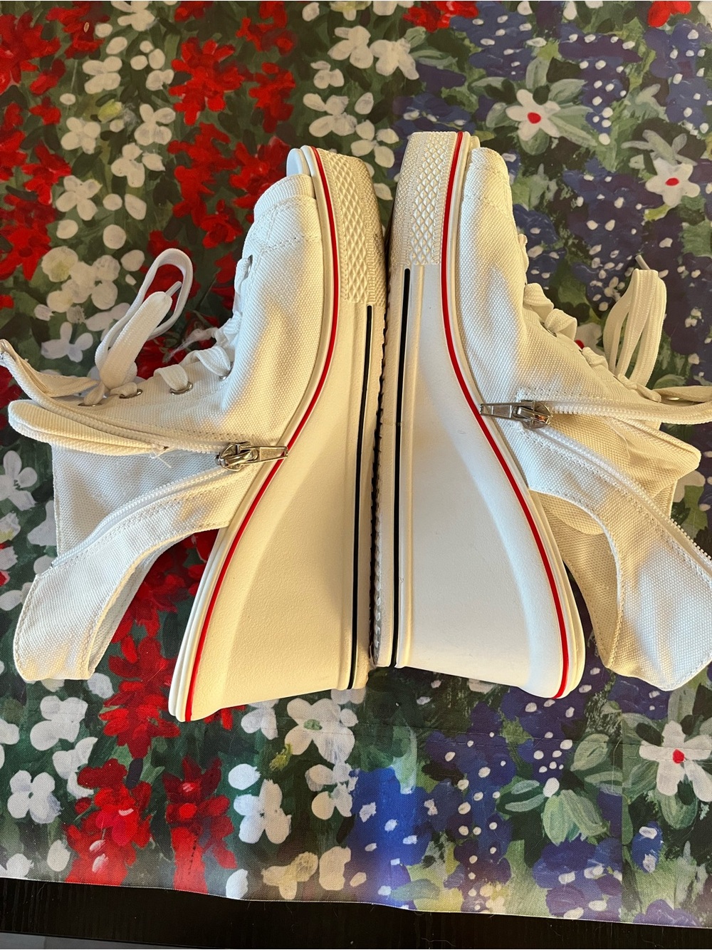 Women’s White High-Top Canvas sandal Sneakers with Red Trim